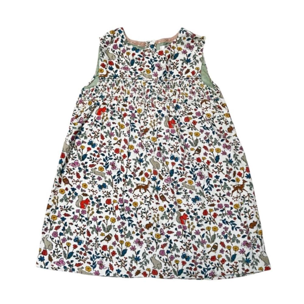 Baby Boden Woodland Animal Floral Corduroy Pinnie Dress Size 3/4